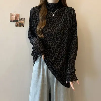 Damen-Langarmshirt mit Leopardenmuster, Halbrollkragen, große Größen, Herbst