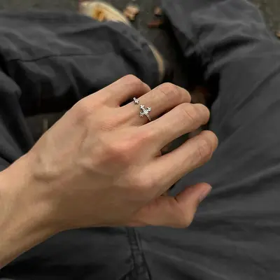 S925 Sterling Silver Cross Flower Ring Unisex - 7