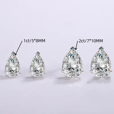 S925 Sterling Silver Moissanite Stud Earrings, Drop and Pear Shape