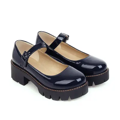 Thick-Soled Mary Jane Women's Shoes, Single Strap, Patent Leather, Buckle
