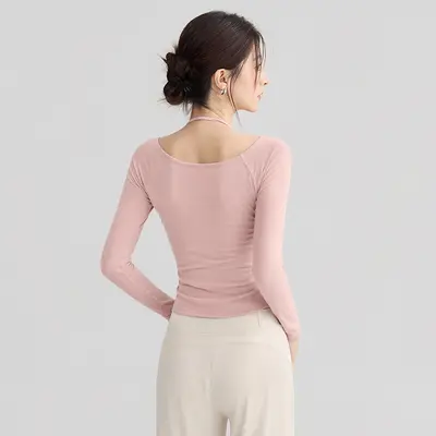 Damen-Neckholder-Yogaoberteil mit integrierten Cups, freie Schultern - 2