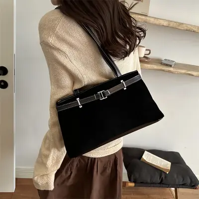 Small Square Handbag with Belt Detail, Single Shoulder Bag - 5
