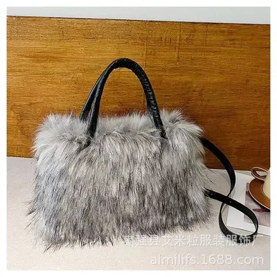Women's Large Capacity Long-Haired Tote Bag, Contrast Color, Soft Structure - 4