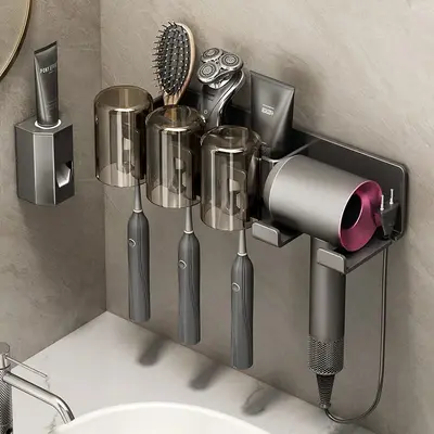 Duvara monte delmesiz banyo rafı, elektrikli diş fırçası ve bardak tutucu