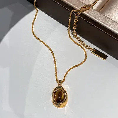 Altın kaplı kaplan gözü taşı kolye, vintage stil - 7