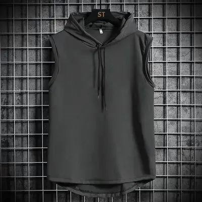 Men's Hooded Sleeveless Vest, Loose Fit, Solid Color Sports Top