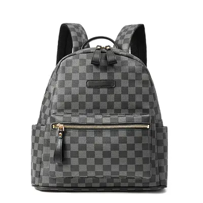 Men's Plaid Leather Backpack with Laptop Compartment - 9