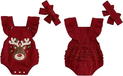 Baby Christmas Romper, Embroidered Deer Pattern, Flying Sleeve Triangle Suit - 7