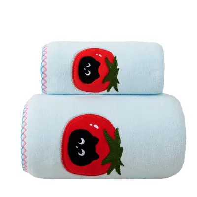 Apple Kitten Cartoon Embroidered Bath Towel Set, Coral Fleece, Quick-Dry - 5
