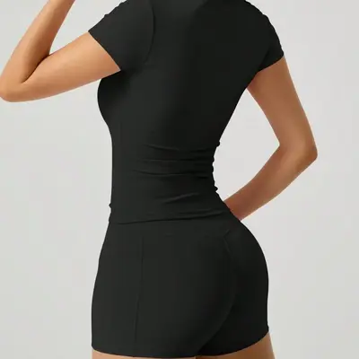Women's Yoga Outfit Set, Quick-Dry, Short Sleeve with Pocket Shorts - 3