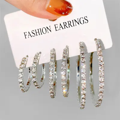 Cross-border fashion diamond stud earrings for women in Europe and America, simple full diamond large, medium and small hoop earrings, 3-pair set