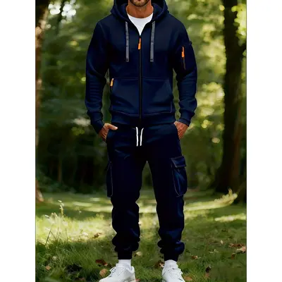 Cross-border New Style Workwear Hooded Sweatshirt Set for Men, Casual Versatile Sports Multi-Pocket Two-Piece Set with Drawstring Cuffs