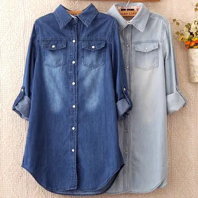 Women's Oversized Long Sleeve Denim Shirt, Spring Autumn, Korean Style