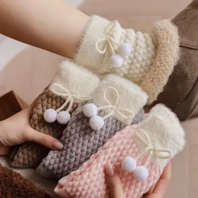 Women's Thick Autumn Winter White Pom-Pom Long Socks, Fleece-Lined Plaid