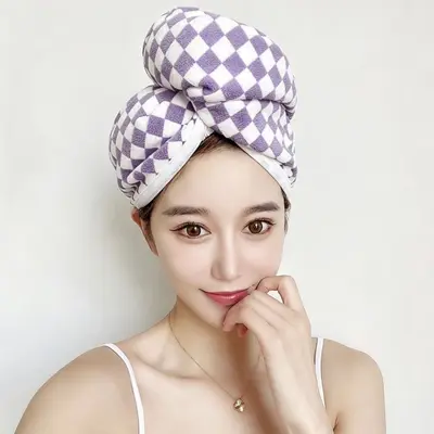 Checkered Absorbent Quick-Dry Women's Hair Cap, Thickened Hair Towel Wrap