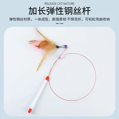Cat Teaser Wand with Steel Wire and Replaceable Feather Head - 4
