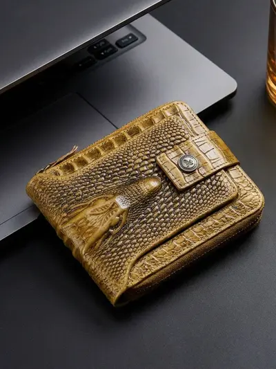 Men's Genuine Leather Crocodile Pattern Zip Wallet, Horizontal, RFID Protection