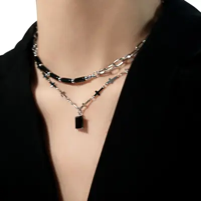 Siyah zirkon kolye, çift katmanlı, zincirli - 2
