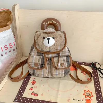 Sevimli peluş köpek kafalı kapaklı mini sırt çantası, ekose desenli, taşınabilir - 9