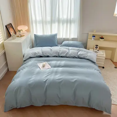 Manufacturer wholesale solid color washed cotton four-piece set plain brushed bedding set ins style sheet duvet cover three-piece set 3