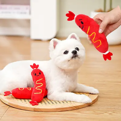 Sesli peluş köpek oyuncağı, nakışlı sosisli sandviç tasarımı, ısırmaya dayanıklı