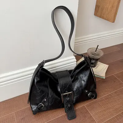 Women's Pleated Underarm Bag, Soft Leather Look, Minimalist - 8