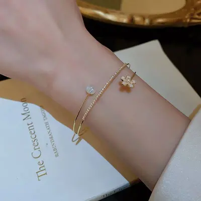 Cubic zirconia mermaid princess flower open bangle bracelet - 5