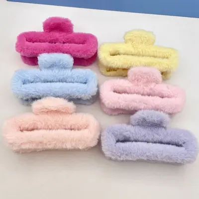 Oufeirle Autumn and Winter Square Plush Hair Clip Large Handmade Rabbit Fur Shark Clip Fluffy Hair Bun Clip Hair Accessory