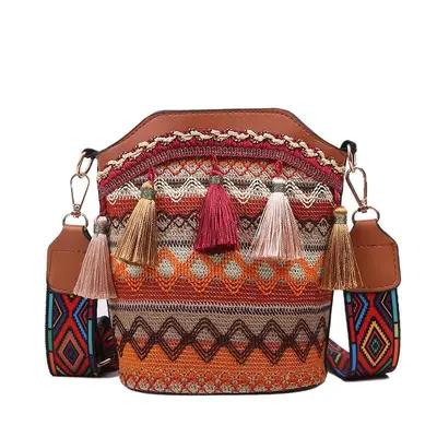 Ethnic Style Tassel Woven Bucket Bag, Women's Single Shoulder Bag - 6