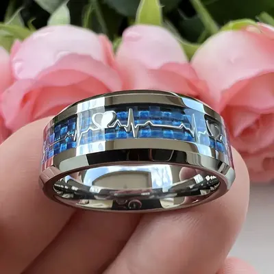 Neuer moderner 8mm Edelstahlring mit Kohlefaser und Herzschlag-Design - Hochzeits- und Verlobungsring - 7