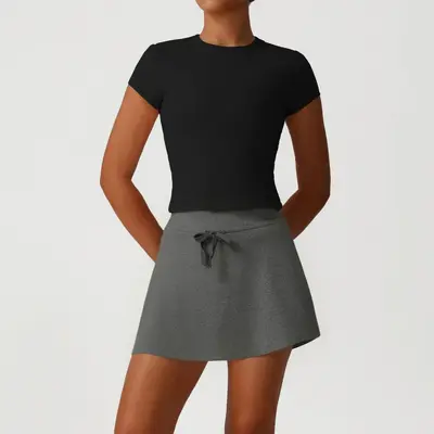 Casual Sports Slim-Fit Set for Women, Round Neck Short-Sleeve Top, Yoga Wear, Versatile Pants and Skirt, Tennis Training Casual Set