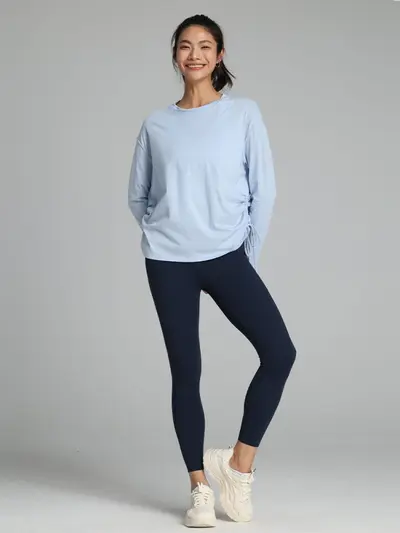 Kadın bahar yaz yoga üstü, yan büzgülü pamuklu uzun kollu T-shirt - 5