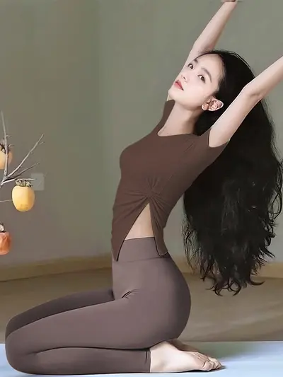 Women's yoga set, slim waist, side slit, pilates sports top - 10