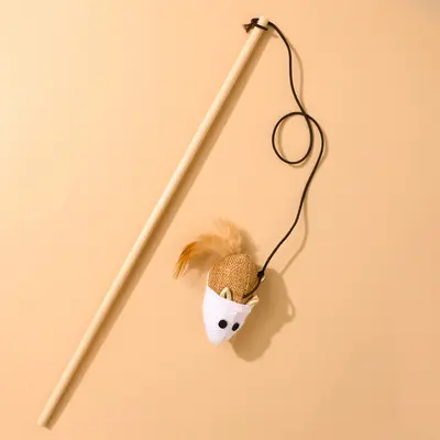 Holzstab-Katzenangel mit Feder, Glöckchen und Maus - 7