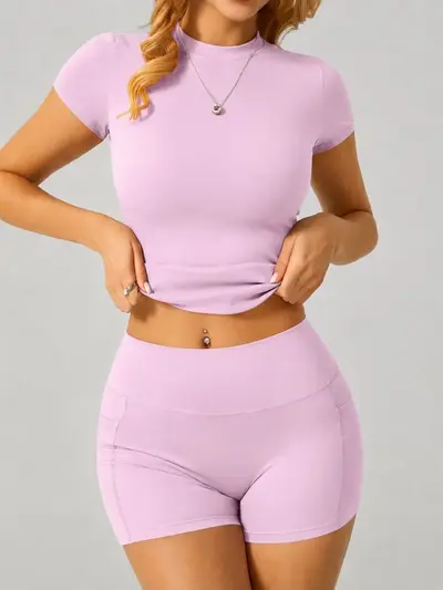 Women's Yoga Outfit Set, Quick-Dry, Short Sleeve with Pocket Shorts - 6