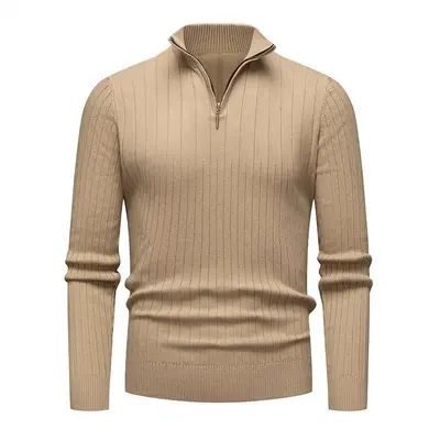 Men's Long Sleeve Knit Sweater, Half Turtleneck, Zipper, Vertical Stripes