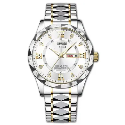 Men's waterproof quartz watch with luminous dial and dual calendar