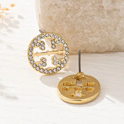 Vergoldete Ohrstecker mit Strass-Kreuz und Rundplatte für Damen