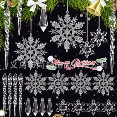 24-teiliges Weihnachts-Acryl-Schneeflocken-Set mit Eiszapfen-Anhängern