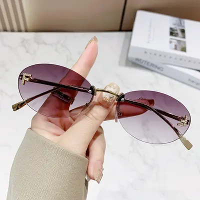 Rhinestone Oval Frameless Sunglasses, Small Frame, UV Protection - 8