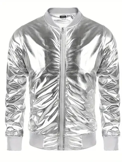 Men's Glossy Metallic Zip-Up Jacket, 70s Disco Style