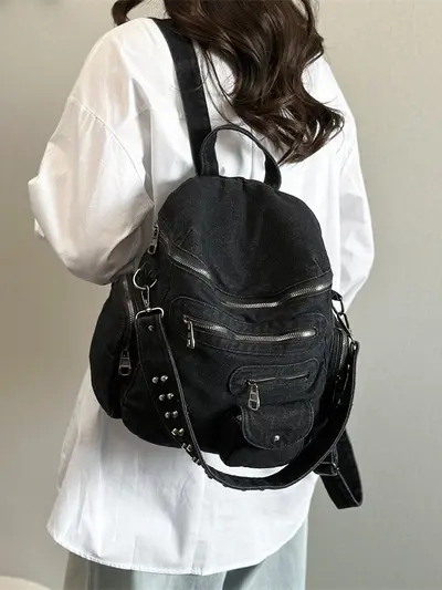Women's American Denim Backpack, Multi-Pocket, Motorcycle Style - 5