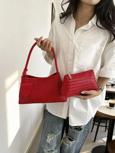 Damen-Achseltasche mit Geflechtmuster, Retro-Mutter-Kind-Tasche, Pendler-Tote-Bag - 3