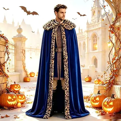 Unisex Long Green Velvet Cape with Leopard Print, Halloween Cosplay - 8