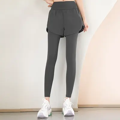 Kadın Sahte İki Parça Yoga Pantolonu, Yüksek Bel Kaldırıcı, Dikişsiz Spor Taytı - 9