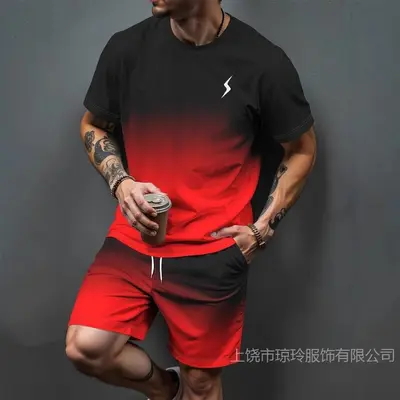 Men's Summer 3D Printed T-Shirt and Shorts Set, Gradient Letter Pattern