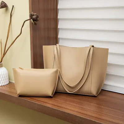 Women's Solid Color Large Tote Bag with Detachable Inner Pouch Korean Style - 9