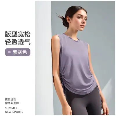 春夏新款竹节纱速干瑜伽罩衫女修身透气运动上衣批发抽绳网纱背心 - 10