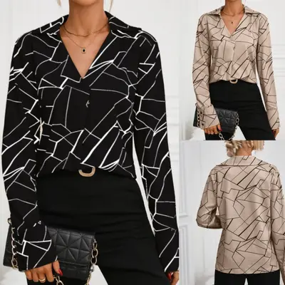 Women's Loose Line Print V-Neck Long Sleeve Shirt