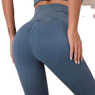 Damen-Yogahose mit Waschung, Löchern, nahtlos, hoher Bund, Po-Lift